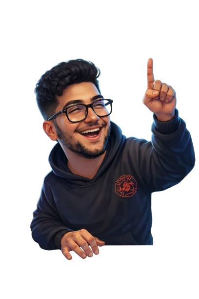 3D cartoon illustration of Aziz, a cloud engineer, smiling and pointing upward